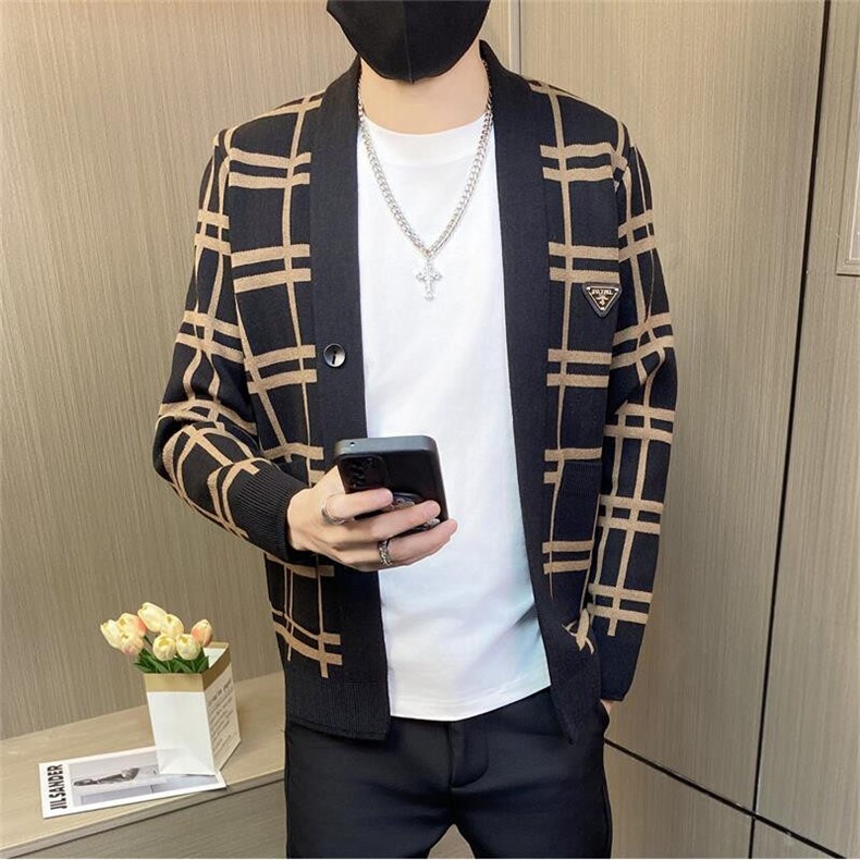 M3801-P65社会小伙针织开衫男休闲格子棒球领毛衣夹克外套,男装针织衫/毛衣,电商D310B