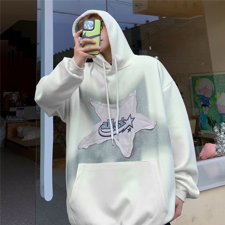 复古vintage星星贴布连帽卫衣男ins潮牌欧美重磅情侣装W8532-P55，男装卫衣，星座1008