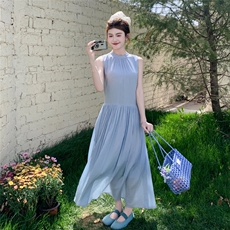 蓝色无袖背心连衣裙女夏2025新款法式超好看气质绝美海边度假长裙，女装连衣裙，2C129