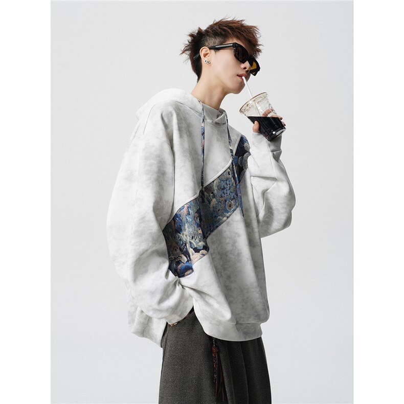 WY10200-特批40 春季新款连帽设计感拼接撞色宽松大码扎染卫衣男图片