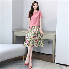 棉麻连衣裙女夏2025新款小个子妈妈洋气时尚腰裙半身裙套装两件套，女装套装/套裙，牡丹诺