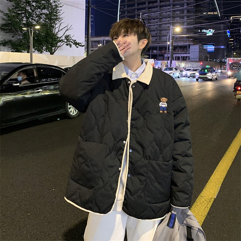 1港风情侣灯芯绒拼接连帽假两件小熊大码M-5XL棉衣8713P135控168，男装棉衣，星座226-2