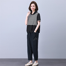 时尚休闲条纹连帽刺绣套装女宽松显瘦百搭两件套，女装套装/套裙，叶笙衣