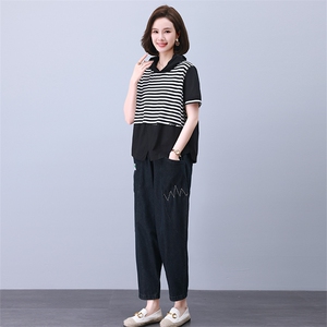 时尚休闲条纹连帽刺绣套装女宽松显瘦百搭两件套图片