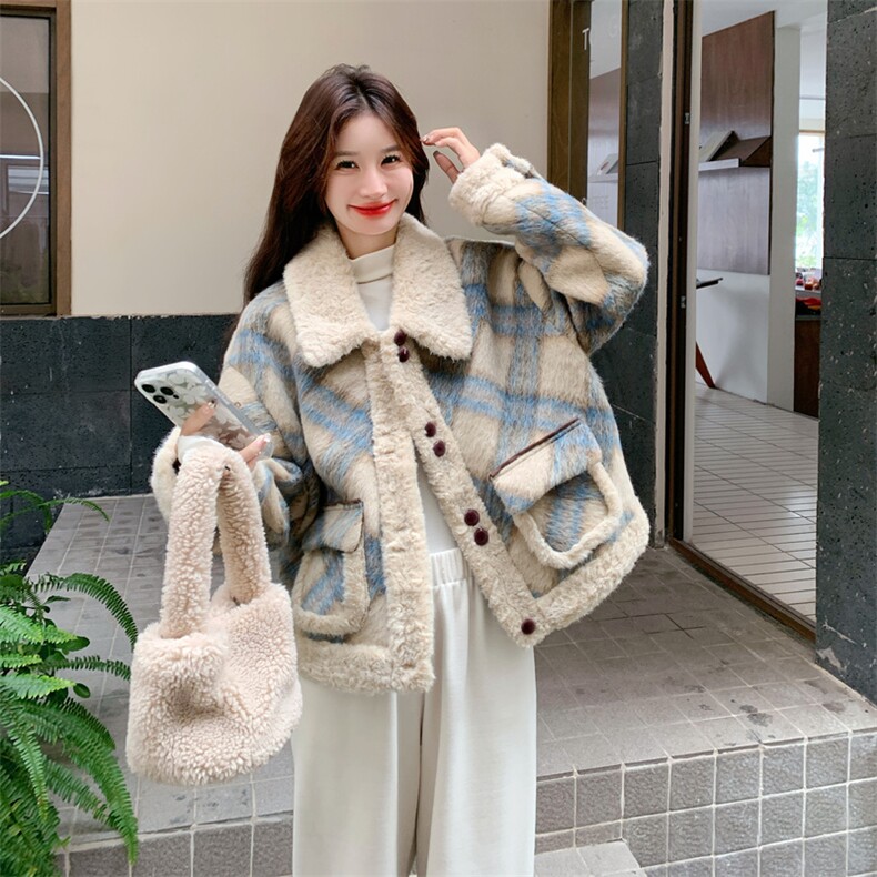 新款加厚-毛呢拼色复古翻领格子外套190-5069-P180-K248,女装毛呢外套,2B190