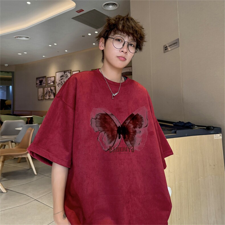 wassuphappy美式短袖t恤男夏季2025新款潮牌蝴蝶半袖休闲五分袖,男装T恤,电商B370