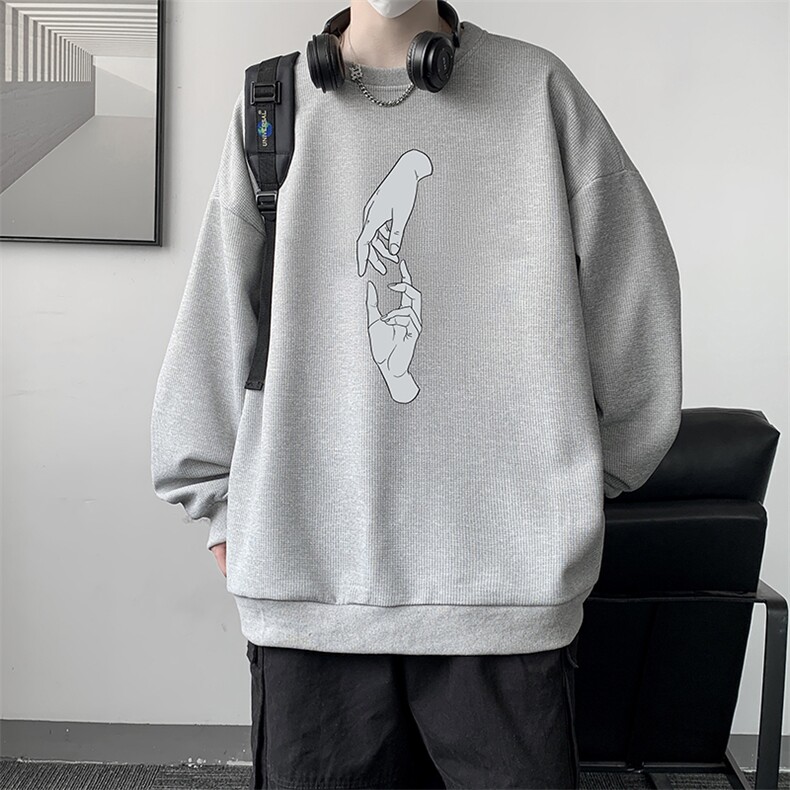 华夫格卫衣圆领卫衣男大码长袖t恤男外套HW76147-P30加绒款-P40,男装卫衣,电商A040