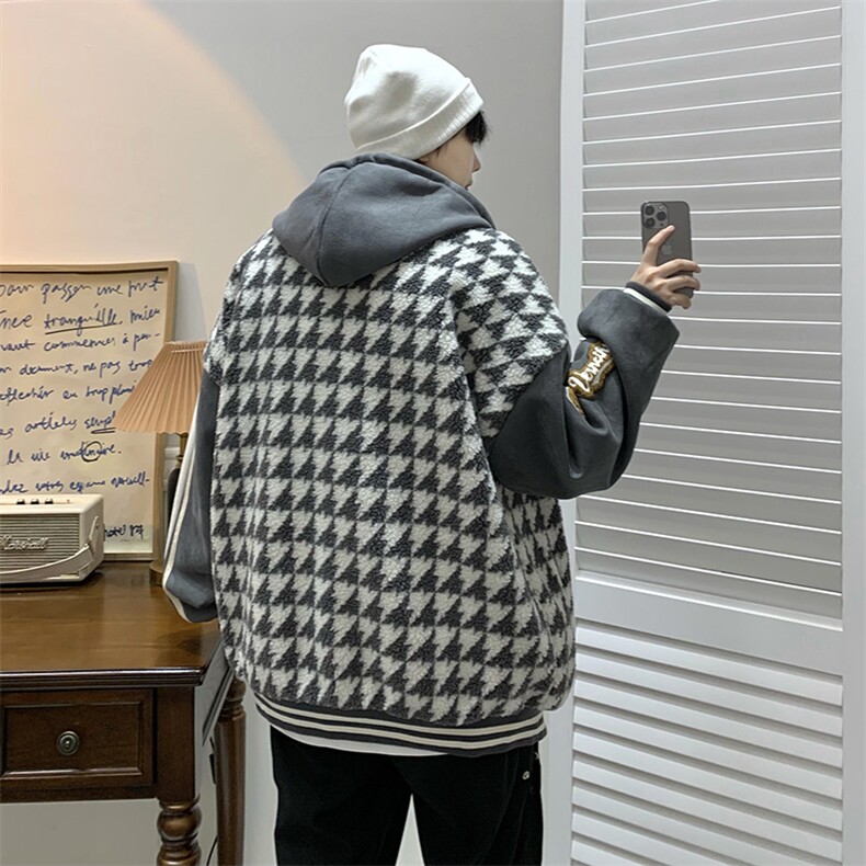 22冬千鸟格新款羊羔毛宽松大码棉服外套B266-Y616-P125,男装棉衣,星座B257-1