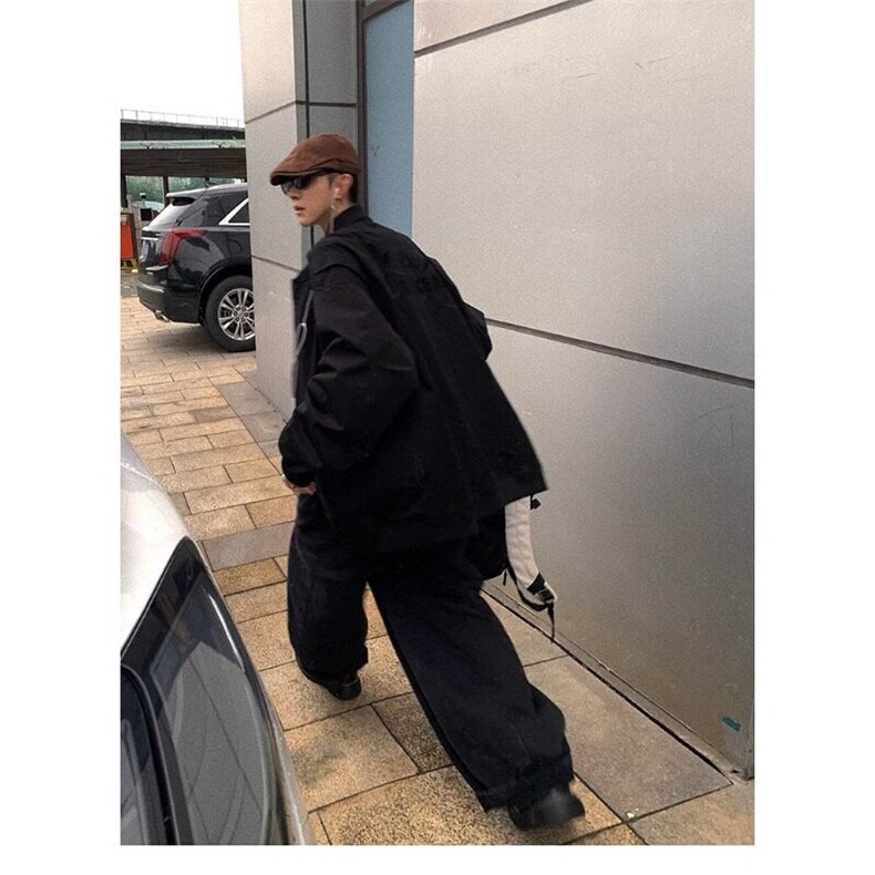 全黑廓形大版外套复古水洗全棉万针刺绣防风衣,男装夹克,星座506A