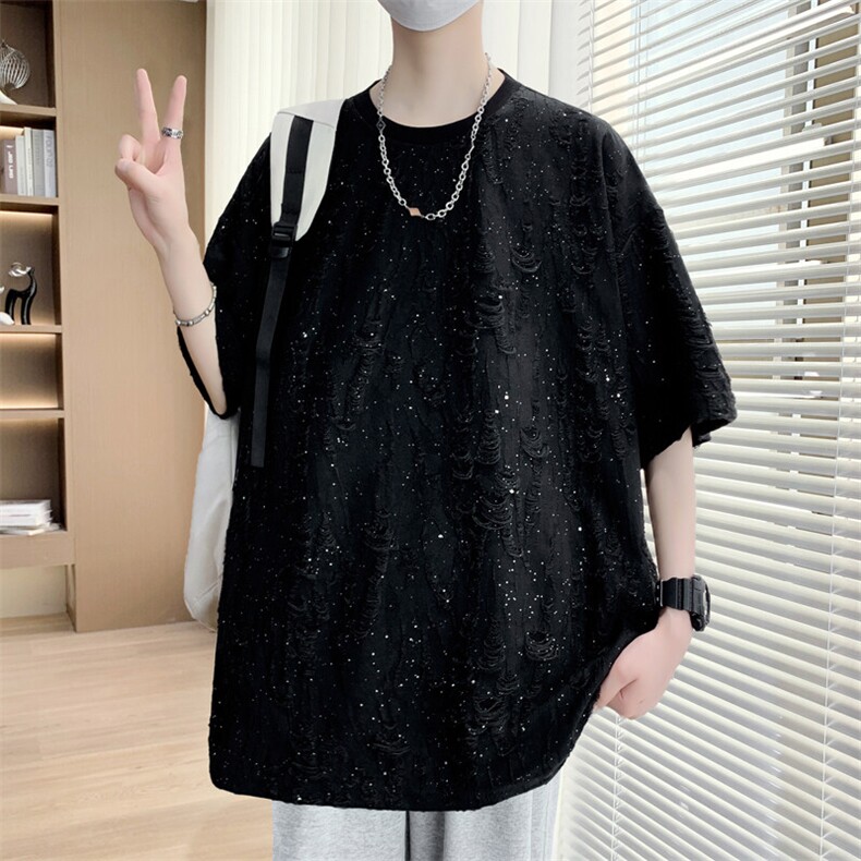 25抖音高品破洞短袖重磅情侣t恤女设计感中性上衣2510-P30,男装T恤,星座210-1