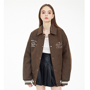 现货 三色字母PU皮棒球服外套秋冬棉服带帽可拆卸图片