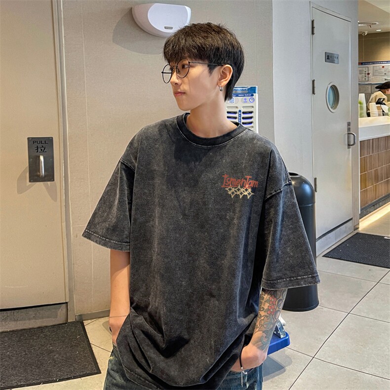 量大优！供视频240克重磅美式炒雪花水洗做旧短袖T恤,男装T恤,电商B367