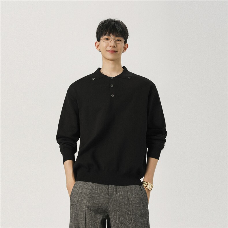 黑色针织polo衫卫衣男秋季雅痞风内搭打底衫通勤穿搭正肩长袖t恤,男装针织衫/毛衣,电商A072