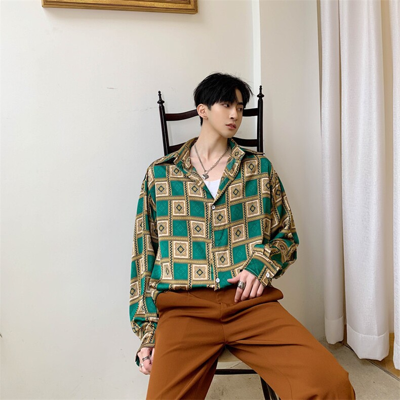 自制款复古绿印花缎面衬衫男翩翩佳公子气质上衣A452--205,男装衬衫,电商A452