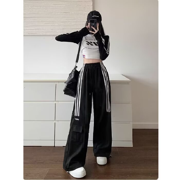 美式复古工装三条杠休闲裤女新款高腰显瘦直筒阔腿运动裤子潮ins,男装工装外套,星座506A
