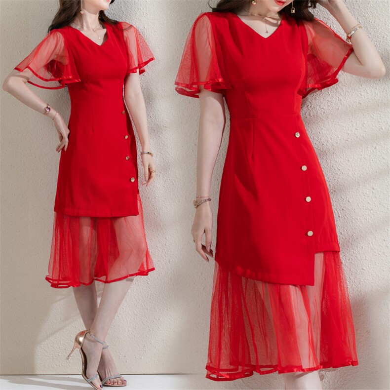 2022夏季气质收腰优雅简约大方优雅性感领口宽大透气遮肉显瘦，女装连衣裙，卡杰菲