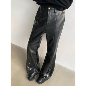 小众金属铆钉装饰工装皮裤男cleanfit设计微喇阔腿长裤PK08P85图片