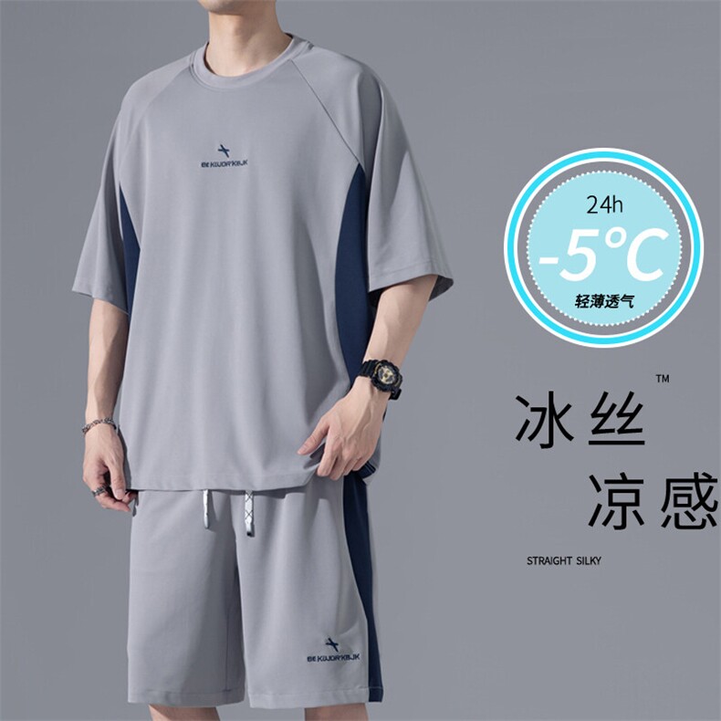 冰丝休闲运动套装男夏季薄款美式高街潮牌撞色拼接短袖短裤两件套,男装T恤,电商A022