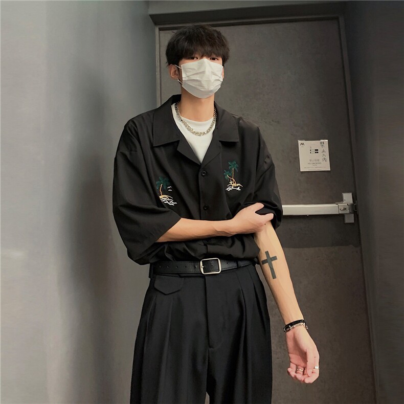 603-1-CY02-特P38控58现货纯色夏威夷椰树刺绣古巴领衬衫男短袖,男装T恤,星座403（原603-1）