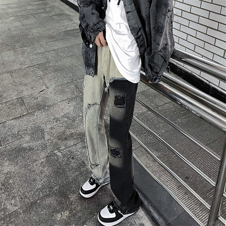街头拼接牛仔裤男女春秋新款潮美式复古直筒微喇长裤N0731-P52,男装牛仔裤,星座308B-1