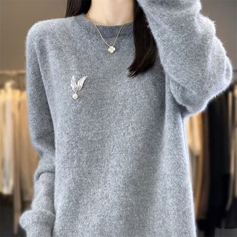2025秋冬中长款100%纯羊毛衫女圆领胸针毛衣宽松慵懒风羊绒针织衫,针织衫/毛衣,萱芳婷羊绒