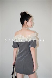 Nana-goddess夏季新品灰色荷叶一字肩连衣裙图片