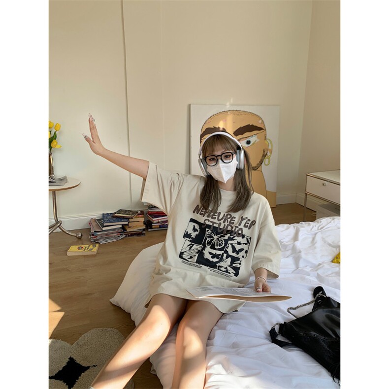 T0721-P25复古美式蝴蝶印花纯棉T恤夏季上衣短袖宽松百搭,女装T恤,星座617A-2