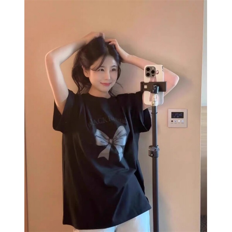 T0711-P25 甜美减龄蝴蝶结印花纯棉短袖 学院风学生宽松上衣图片