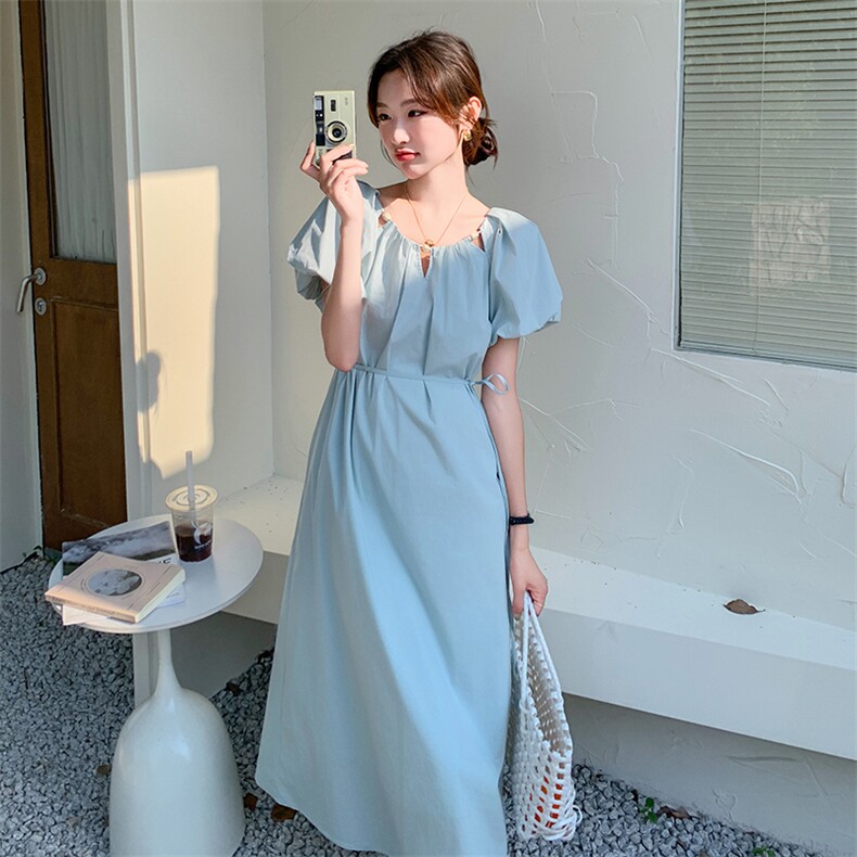现货：夏装新款镂空系带泡泡袖宽松版连衣裙2C135-5096P115K178,女装连衣裙,2C135