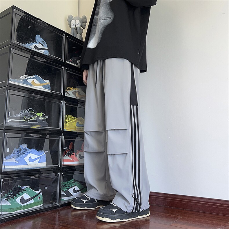 KP852 P50港风宽松休闲裤直筒拖地裤拼接三条杠束脚裤卫裤图片