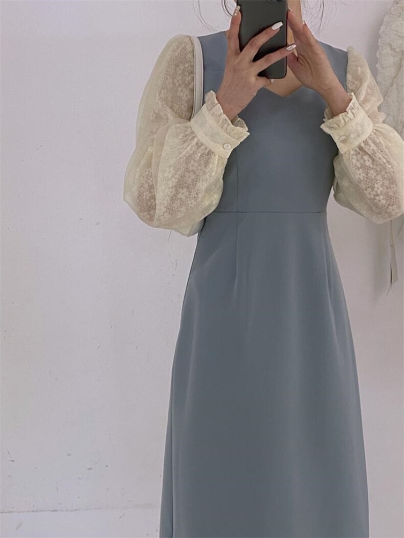 拼纱连衣裙，女装连衣裙，驿谷