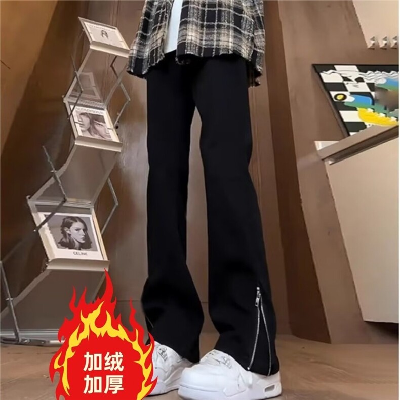 美式微喇牛仔裤加绒直筒裤子高街vibe开叉拉链长裤K8001-P46网图,男装牛仔裤,电商B245