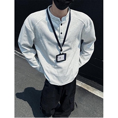 抖音得物品质美式高街重磅曼巴棉拼接cleanfit亨利领卫衣长袖T恤，男装T恤，电商A486