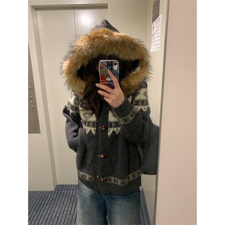 重磅北极绒座山雕大毛毛领毛衣外套冬美式复古休闲慵懒风针织开衫，男装针织衫/毛衣，电商A486-1