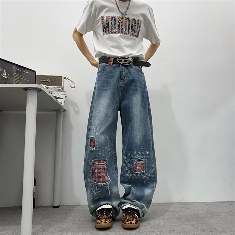 美式复古磨破补丁刺绣牛仔裤男女同款潮流街头百搭宽松直筒阔腿裤，男装牛仔裤，星座506A