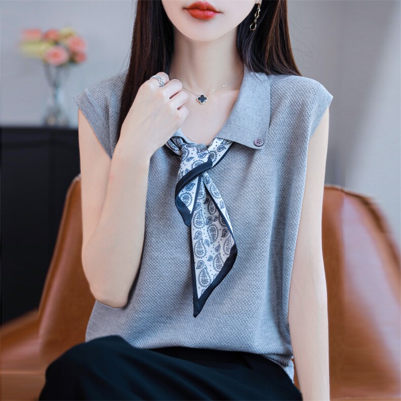 时尚翻领丝巾针织无袖背心上衣女2025夏季新款韩版小众简约T恤衫,针织衫/毛衣,源达羊绒