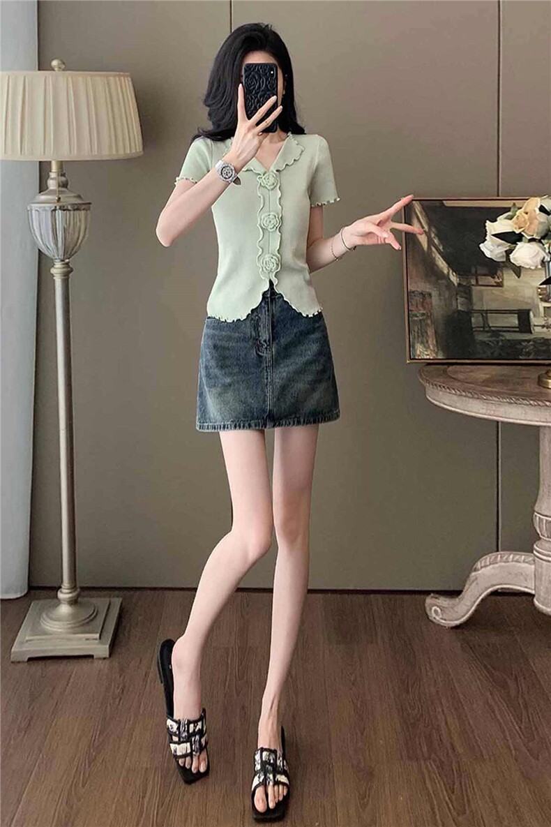 时尚气质套装女夏季新款修身显瘦立体花朵短袖上衣牛仔短裙两件套,女装套装/套裙,江南