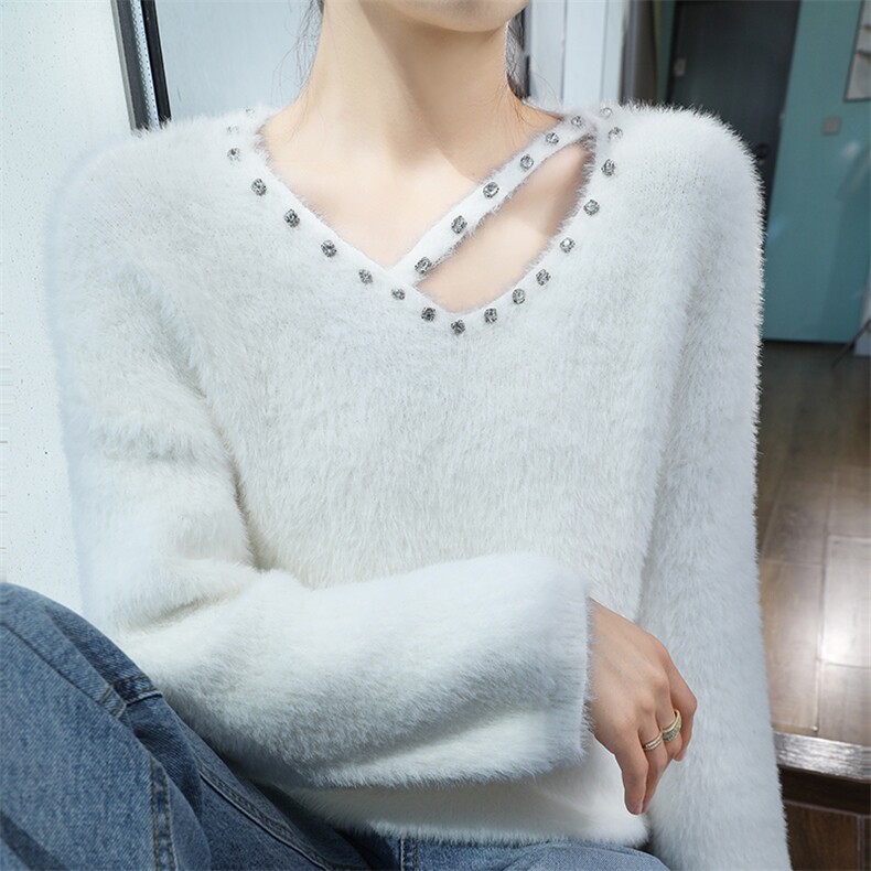 秋季新款女装毛衣时尚百搭休闲上衣V领长袖宽松显瘦针织衫图片