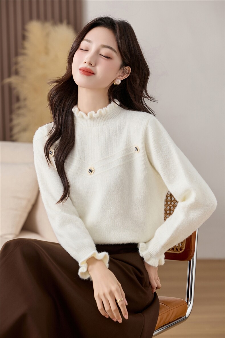 套头打底外穿毛织宽松毛衣带花朵,针织衫/毛衣,乐吉娜