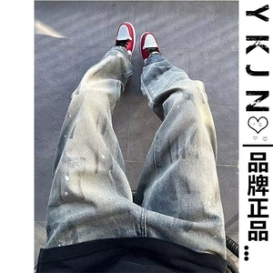 水洗脏染泼墨牛仔裤男潮牌美式高街直筒弯刀微喇裤YG743-P48,秋上身微胖的女人穿衣搭配图片