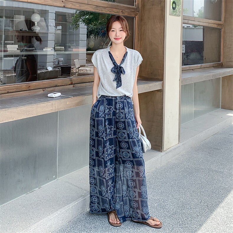 韩系设计感套装女2025夏季新款时尚气质V领上衣印花阔腿裤两件套,女装套装/套裙,2C260