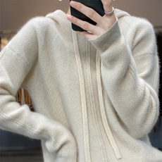 25秋冬新款100%纯羊毛连帽抽绳卫衣女宽松套头毛衣针织羊绒衫上衣，女装针织衫/毛衣，艾驰羊绒