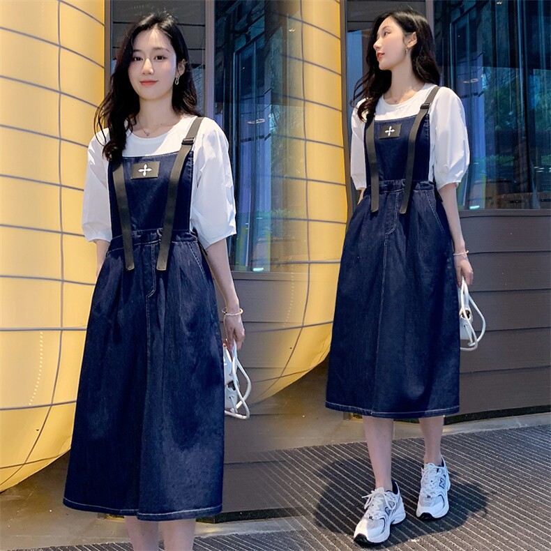 背带裙女2022年夏季新款圆领短袖中长款两件套裙子时尚十字架套装,女装连衣裙,梦懿尔