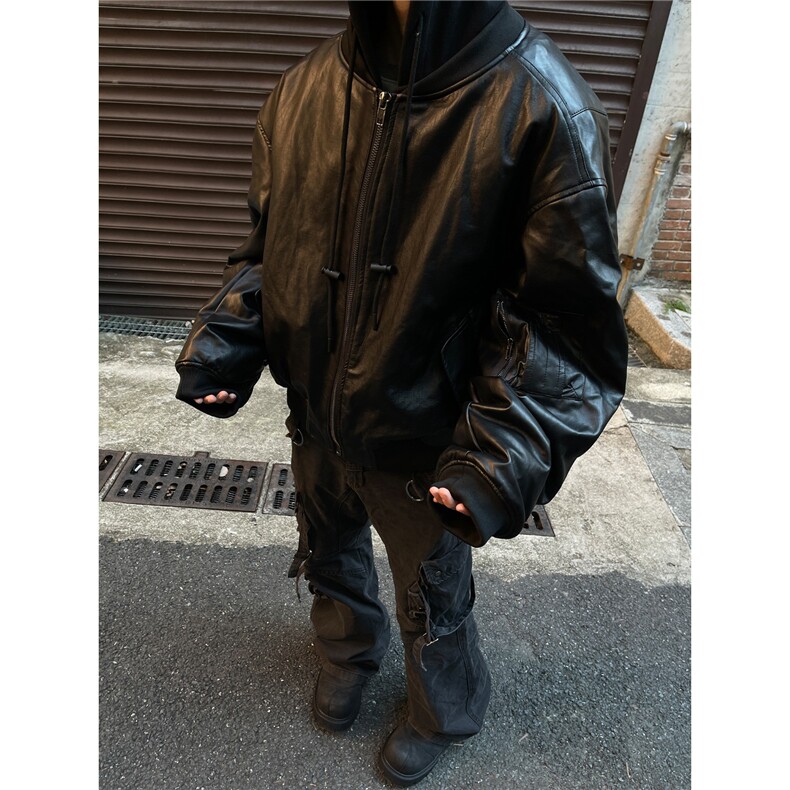 皮衣男高级感假两件连帽外套韩版宽松工装皮夹克秋冬LB10122-p95,男装夹克,星座1008