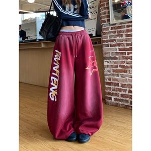 XHDD YAY美式复古字母印花低腰阔腿裤女街头风宽松休闲抽绳长裤潮图片