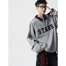 美式复古Polo领卫衣大码秋季重磅刺绣条纹上衣撞色外套WY5113/P65，女装短外套，电商B238