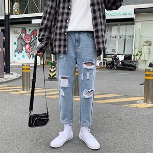 港风破洞牛仔裤男士潮牌九分宽松韩版潮流ins乞丐裤901图片