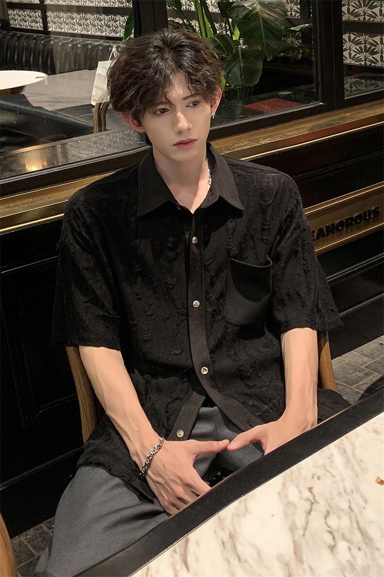小众潮搭不规则设计上衣日系松弛感破洞肌理衬衫HY527TP38控59,男装衬衫,电商A102B