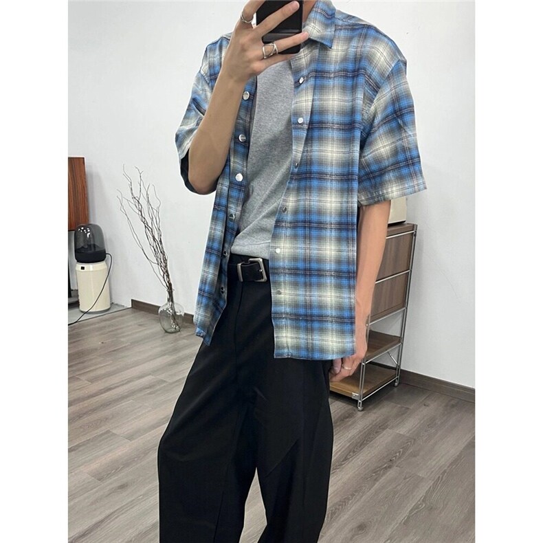 美式复古蓝色慵懒格子情侣衬衫男女夏季短袖宽松休闲外套CSD01,男装T恤,星座1116A（原606A-3）