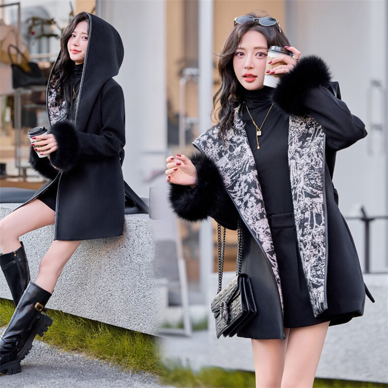 羽绒服女中长款2024冬新款超好看独特漂亮小香风黑色收腰毛呢外套,女装羽绒服,雅静靓衣